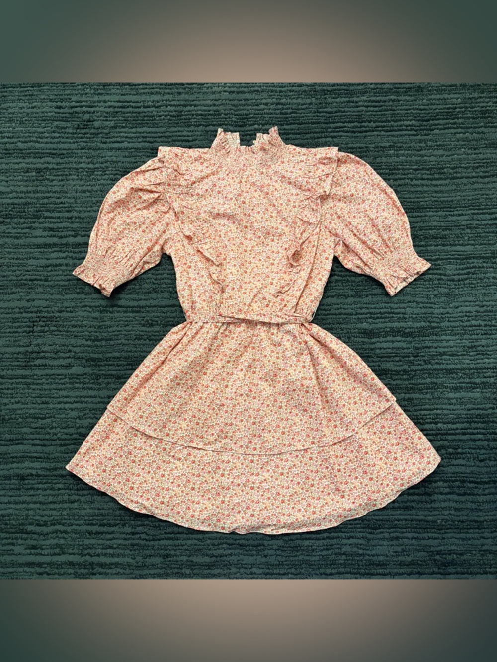 English Factory Smocked Elastic Mock Neck Floral Ruffle Tie Waist Mini Dress
